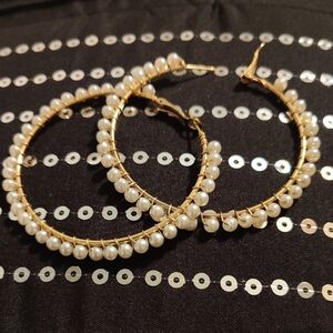Elegant Gold Tone and Faux Pearl Hoop Earrings